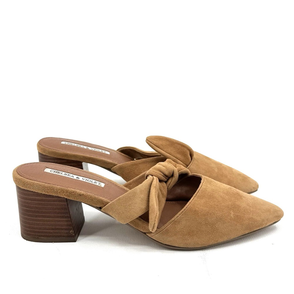 Chelsea & Violet Cognac Brown Suede MOLLY Bow Mules Leather Upper Size 8.5